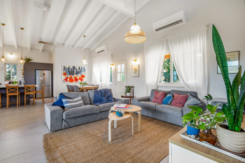 חלל פתוח סלון מודרני אקלקטי ספה אפורה תקרות גבוהות